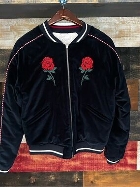 Sandro Black Velvet Bomber Jacket with Red Rose Embroidery velvet reversible SM